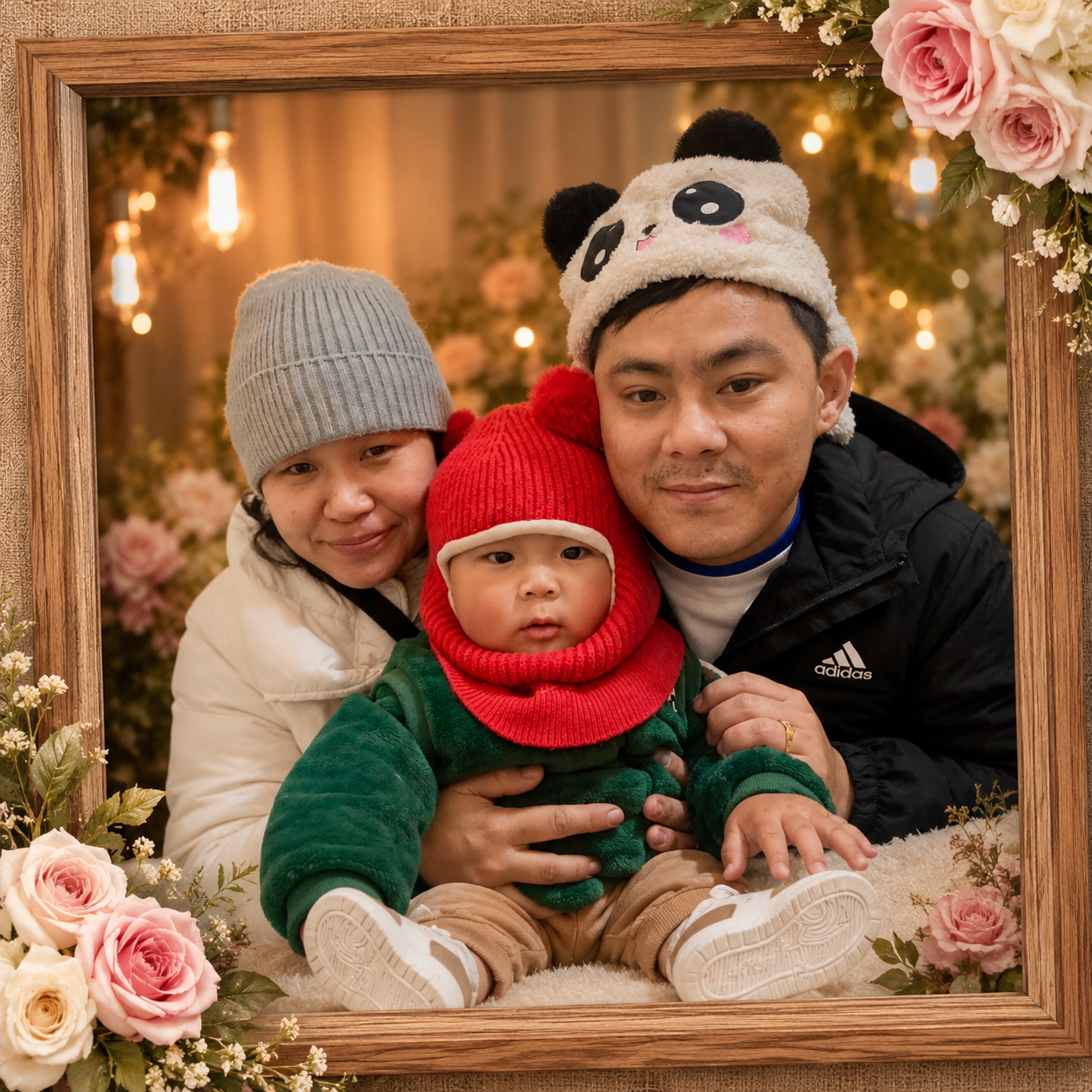 Family portrait session in a lit floral studio setup